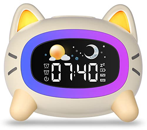 Uplayteck Réveils Lumineux pour Enfants avec 5 Veilleuses, 4 Niveaux de Lumière Réglables et 7 Musiques de Sommeil, Réveil Rechargeable avec Fonction Snooze pour Enfants