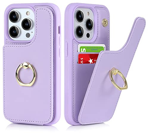 Cavor iPhone 14 Pro Max Case With Card Holder,iPhone 14 Pro Max Phone Case,Flip Folio Leather Wallet Case,Ring Kickstand Shockproof Cover Case for iPhone 14 Pro Max - Purple