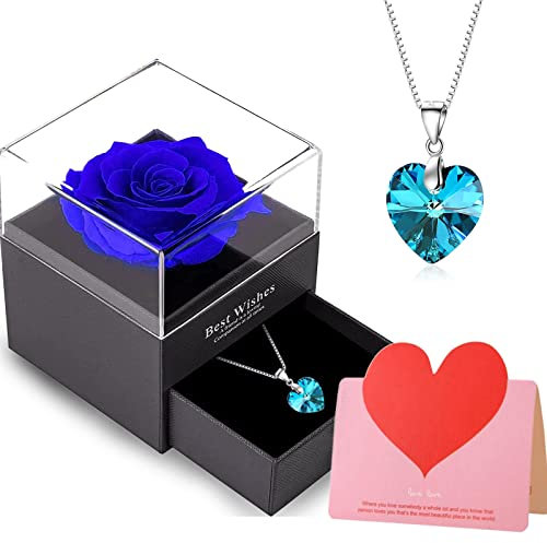 Willuck Rosa Eterna con Collana, Rosa Eterna Confezione Regalo, Vera con ciondolo zaffiro blu argento 925 donna,San Valentino Festa Della Mamma Anniversario Matrimonio per Lei