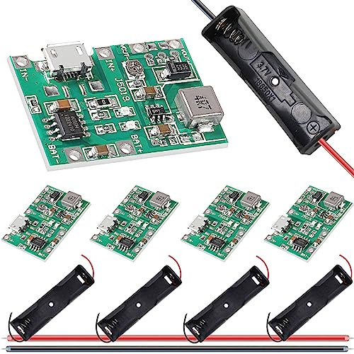 DAOKAI 5 pcs Battery Charger Module 18650 Lithium Li-ion Battery Charger Module 3.7V 4.2V to 27V Adjustable Step Up Module + 5 pcs 18650 Battery Holder with 26AWG Red and black cable