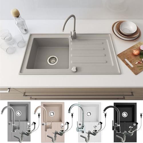 Faizee Home | Granitspüle Set 75x44 cm Grau – Beidseitig montierbare Küchenspüle mit Armatur in Chrom & Siphon | Hochwertiges Spülbecken aus Granit