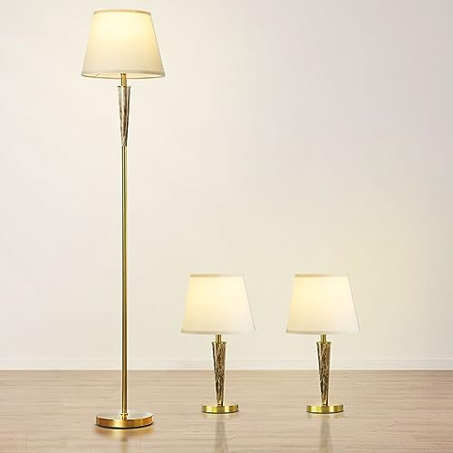 Depuley 3 Pack Lamp Set, Two Bedside Lamps and Standing Lamp Set, Modern Lamp Sets for Living Room, Bedroom, Metal Table Lamps and Floor Lamp with White Linen Lampshade, Gold(3 Bulb Included)