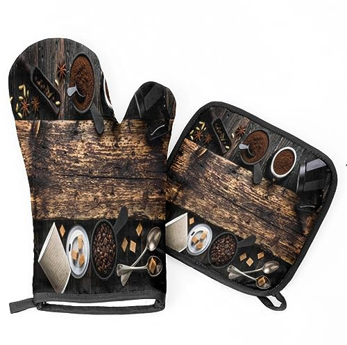 Ofenhandschuhe und Topflappen mit Kaffee-Motiven, Ofenhandschuhe und Topflappen, Topflappen für die Küche, zum Backen, Kochen, Grill