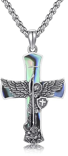HUKKUN Abalone Muschel Erzengel Michael Halskette Sterling Silber Heilige Michael Halskette Kreuz Halskette für Männer katholischer Schmuck Geschenk für Männer