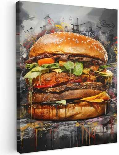 MuchoWow© Wandbilder 60x80 cm Schlafzimmer Home Deko Wohnung Bild Wohnzimmer Fotoleinwand Wand Bilder Leinwand Wall Decor Banksy - Street Pop Art - Burger - Essen - Kunst - Grau - Graffiti
