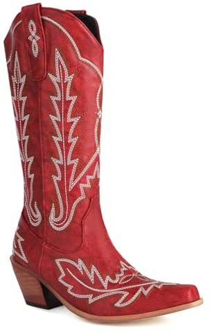 Donne Western Stivali da cowboy with Embroidered Moda Retrò Classico Tall Boot Pull On per donne Ragazze Le signore rosso Numero 34