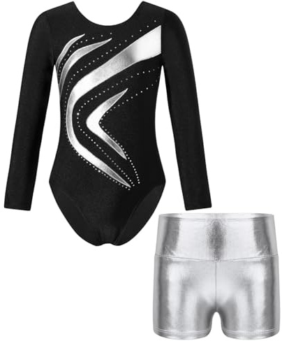 Oyolan Mädchen Kinder Gymnastikanzug Turnanzug Glitzernde Gymnastikbody Langarm Turntrikot mit Kurze Hose Tanzkostüm Z Silber 146-152