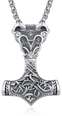 ADMETUS Thor Hammer Necklace Sterling Silver Mjolnir Necklace Viking Crow Necklace Thors Hammer Necklace with Crows Mjolnir Pendant Jewellery Gifts for Men