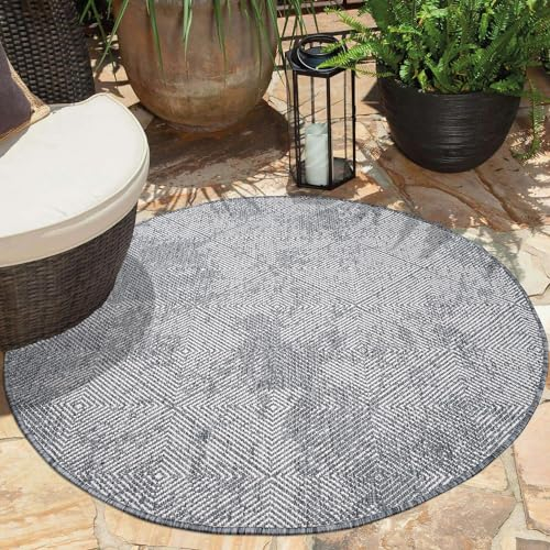 carpet city Outdoor Teppich Wetterfest 120 cm Rund - Grau - Wendeteppich, Beidseitiges Meliertes Rauten-Muster - Balkonteppich Wasserfest Outdoor - Terrassenteppich