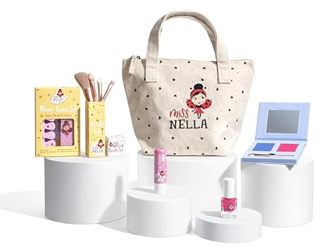 Miss Nella Kinder-Make-up- und Nagellack-Set für kleine Mädchen, hypoallergen, dermatologisch getestet, ungiftig, Kosmetiktasche aus Segeltuch, sicher und lustig (Happy Birthday to Me Blue)