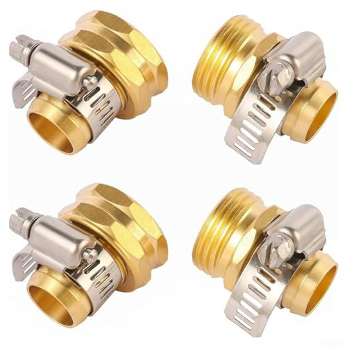 Messing-Gartenschlauch, Verbindungs-Reparatur-Set für 86,4 cm Wasserschlauch mit 2 männlichen Anschlüssen und 4 Edelstahl-Klemmen, 2 Stück