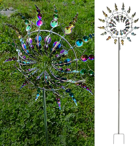 Windrad 3D 16 Flügel | Multicolor Metallic-Effekt Ø30xH100cm Eisen | Windspiel mit Erdspieß zur Gartendekoration