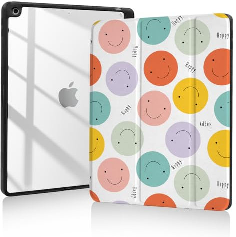 Trizoanic Case for iPad 9th/8th/7th Generation,iPad 10.2 inch Case Clear Back iPad 2021/2020/2019 Cover,Trifold Stand,Pencil Holder,Auto Sleep/Wake Up,Cute Aesthetic Designed,Smiley Face