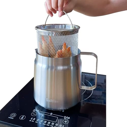 Saltlas Freidora profunda con cesta y colador de aceite, olla de acero inoxidable 304 para patatas fritas, pollo o tempura japonesa, 2 L (2 cuartos de galón)