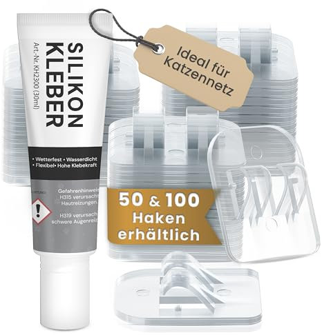 VAYPET® 100 Klebehaken transparent & Silikonkleber [60ml] zur Befestigung vom Katzennetz für Balkon ohne Bohren I Katzennetz ohne Bohren schnell befestigt Dank Stabiler Klebehaken Outdoor (2er-Pack)