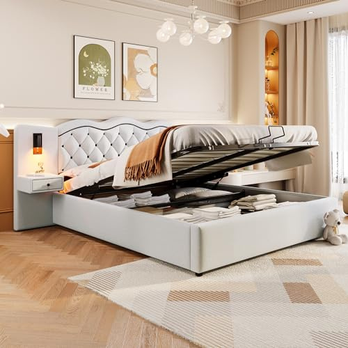 Rtopsu Letto Imbottito Matrimoniale 180x200 cm con USB e 2 Lampade da Comodino, Struttura del Letto Idraulico con Contenitore e Rete a Doghe, Testata con 2 Cassetti, Lino, Beige, Senza Materasso
