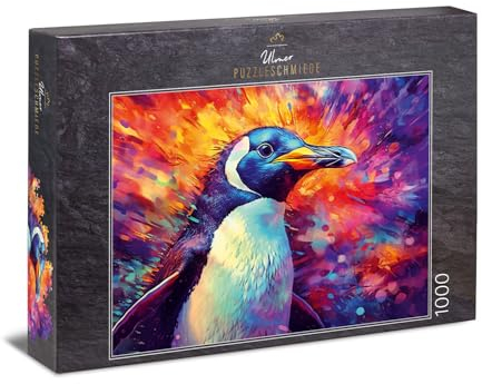 Ulmer Puzzleschmiede - 1000 Teile Puzzle Pinguin - Kontrastreiches Kunstpuzzle mit dem Pinguin in schwarz-weiß vor knallig-explodierendem Farb-Hintergrund, Qualität Made in Germany