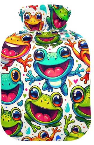Happy Frog Pattern Hot Water Bottles with Soft Cover Feet Warmer with Soft Cover Hot Water Bag for Neck, Shoulder and Menstrual Cramps, 1 Liters