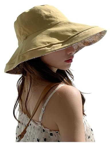 HEVIBK Wendbarer Fischerhut für Damen, UV-Sonnenschutz, breite Krempe, Fischerhut, Sommer, Strand, Reisen (DE/NL/SE/PL, Alphanumerisch, Einheitsgröße, Gelb)