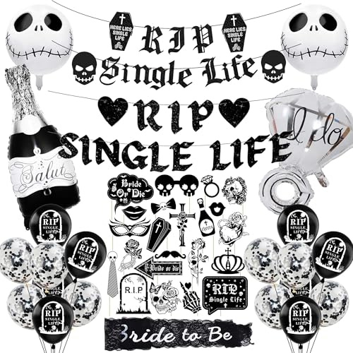 Gothic Engagement Party Decorations Set - 45Pcs Rip Single Life Banner Bride to Be Sash Black Photo Props Latex Balloons for Hen Do Bachelorette Wedding Bridal Shower Supplies