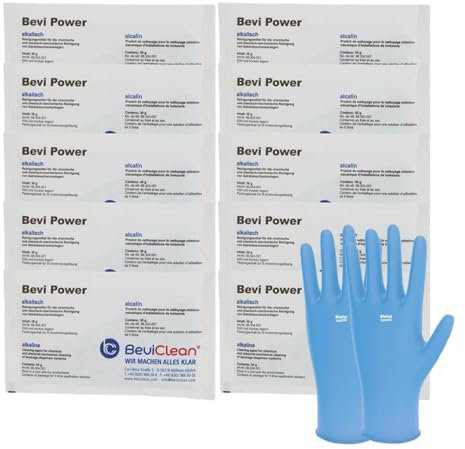Bevi Power alkalisch Pulver in 10 Beutel Reinigungmittel für Getränke Leitungen Bier Zapfanlagen Schankanlagen mit 1 Paar Einweghandschuhen