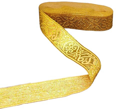 7 Meter Gold Jacquard Band Besatz, 3,3 cm breit Boho gewebte Trim Ethnische Blumenband Stickerei Polyester Flaches Band für DIY Handwerk Kleidung Zubehör Dekorationen