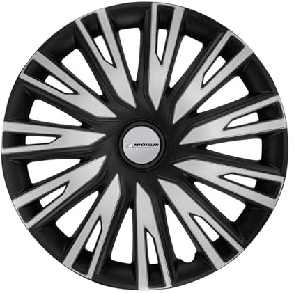 Michelin 009032 Set de 4 Enjoliveurs 15'' Pouces – COP Noir et Argent – Enjoliveurs Résistants Haute Qualité – Look Sport Moderne – Montage Facile – Compatibles Voiture avec Jantes Acier ou Tôle