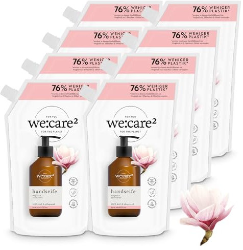 we:care² 8x Handseife Nachfüllbeutel 500ml Magnolie/Sandelholz - Nachhaltige & vegane Flüssigseife ohne Silikone, Parabene & Mikroplastik - Seife Nachfüllbeutel - Flüssigseife Nachfüllbeutel