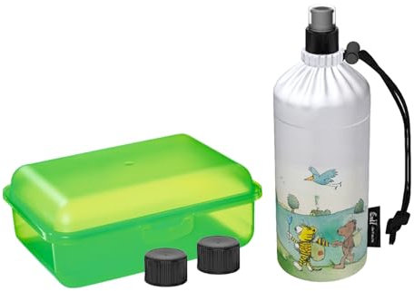 Emil Trinkflasche aus Glas inkl. Brotbox & Ersatzverschlüsse – Starterset zur Einschulung - BPA-frei & schadstofffrei, isolierend – Ziehverschluss für Wasser, Saft & Milch – Janosch© (0,4l)