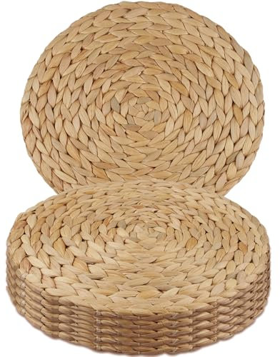 MI CASA Round Woven Placemats Set of 6, 30cm Natural Water Hyacinth Placemats, Woven Rattan Tablemats, Heat-Resistant Handmade Braided Straw Tablemats for Dining Table, Home, Wedding