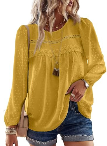 TUUHAW Womens Tops Autumn Round Neck Flowy Chiffon Boho Lace Tunic Shirts | Long Sleeve Tunic Tops for Women, Boho Crochet Chiffon Blouses, Flowy Lace Hem Clothing, Cute Elegant Business Peasant