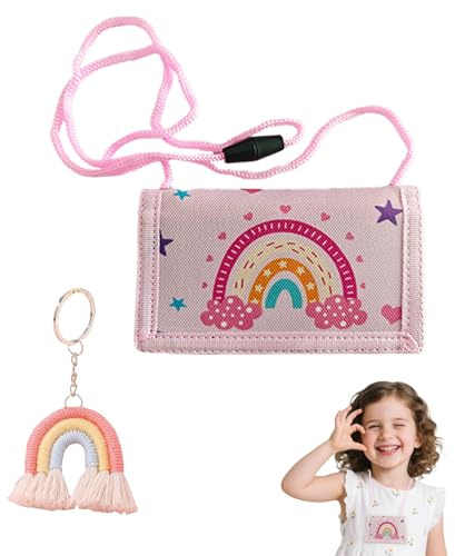 Regenbogen Brustbeutel Kinder mit Schlüsselanhänger – Boho Geldbörse für Mädchen, dreifach gefaltete Brieftasche zum Umhängen, Ausweisfenster, Münzfach, Kartenfächer, verstellbarer Halsriemen