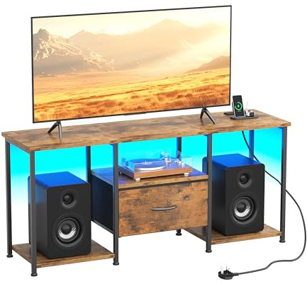 MUTUN TV Stand Cabinet for Bedroom, 46 Inch TV Stand with LED Lights for 55 Inch TVs, TV Unit with Drawer & Power Outlets, Media Entertainment Console for Living Room, Rustic Brown