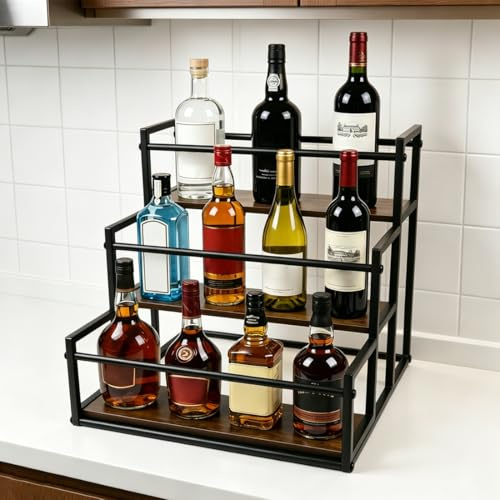 Weinständer aus Holz mit Tablett 3 Ebenen, Weinregal, Flaschenregal | Arbeitsplatte Weinflaschenhalter, Flaschen Organizer, Barregal für Schnapsflaschen Schnapsregal für Wein, Whiskey, Getränke