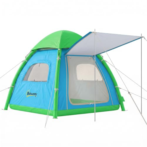Outsunny Aufblasbares Zelt 2-3 Pers. Schnell Aufbau mit Luftpumpe | Outdoor Camping Zelt, Meshfenster, Abnehmbar Dach, Fluoreszierend Heringen, Stehhöhe, Vordach, 3000 mm Wassersäule