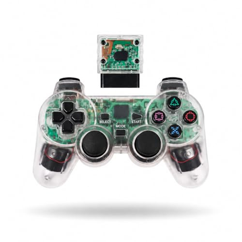 edgivet Mando Inalámbrico 2.4G Compatible con PS2, Controller con Vibración y Receptor Incluido, Doble Joystick Analógico, Gamepad Gaming Negro (transparente)