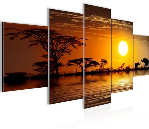 Runa Art - Bilder Afrika Elefant 200 x 100 cm 5 Teilig XXL Wanddekoration Design Orange 000551a