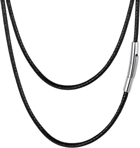 FaithHeart Mans Necklace Chain Black Leather Cord with Stainless Steel Clasp, 2MM Thick Strong Rope Braided Woven Accessories, Cool Boys Necklaces for Pendant