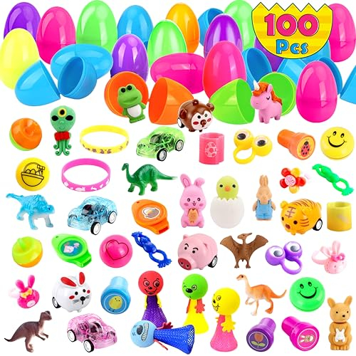 KASU 100 Stück Ostereier gefüllt mit neuartigem Spielzeug Premium für Oster-Mottoparty, Ostereiersuche, Osterkorbfüller, Klassenzimmer-Preis, Geburtstagsparty-Dekorationen