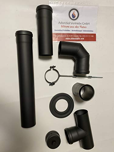 Rauchrohrset 80 mm schwarz mit Rohrschelle und Rosette AdoroSol Vertriebs GmbH Pelletset Pelletrohrset
