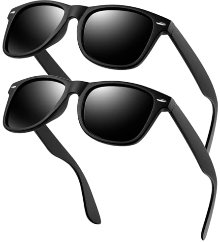 KANASTAL 2er Set Polarisiert Sonnenbrille Herren Damen Retro Rechteckig Sonnenbrille UV400 Schutz, Matt Schwarz Rahmen Schwarz Gläser 2 Paare