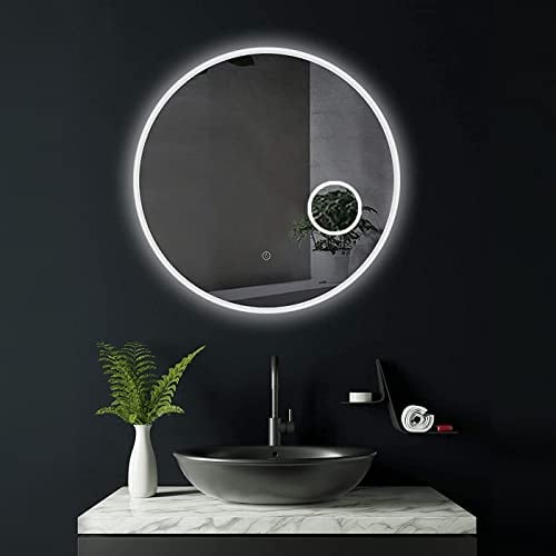 HOKO Runder LED Badspiegel 80cm Hamburg. Designspiegel mit KOSMETIKSPIEGEL 3-Fach, Bad Spiegel LED beleuchtet mit Touch Schalter, LED Licht Wechsel - Warmweiß - Kaltweiß - Neutral