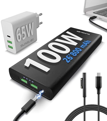 Sunslice | Power bank per laptop E telefono. Power bank USB-C 100W da 26.800 mAh. Ideale per Microsoft Surface Pro 3 e Pro 4. Cavo MS Surface e caricatore rapido da 65 watt inclusi.