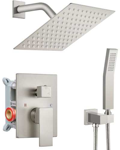 gotonovo Rainfall Bathroom Shower System Rain Shower Head and Handle Set Wall Mounted Shower Complete Combo Solid Brass Pressure Balancing Shower Mixer Valve 8 Inch Brushed Nickel