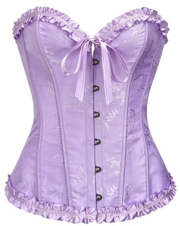 YUNAR Women's Beautiful Floral Lace Up Boned Overbust Corset Bustier Lingerie Bodyshaper Top, Purple, Small