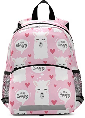 Kcldeci You are Amazing Llama Alpaka Kinder Rucksack mit Sicherheitsleine, rosa Herzen lieben Anti-Verlust-Kinder Kleinkind Vorschulrucksack für Jungen Mädchen Baby