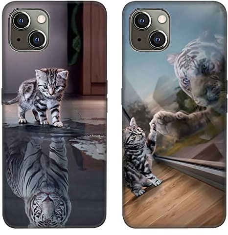 DiaryTown 2 Pack iPhone 14 Hülle Ultra Dünn Liquid Silikon Kratzfest Handyhülle mit Tier Motiv Schwarz Case Rundumschutz Cover Soft TPU Bumper Stoßfest Schutzhülle für iPhone 14 - Katze & Tiger