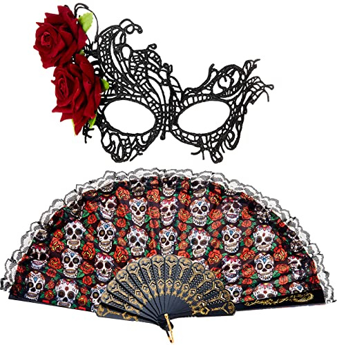 Boyiee Halloween Tag der Toten Augenmaske und Faltbare Fächer Spitze Filigrane Augenmaske Handfächer Handheld Fächer Faltbar Mexiko Zucker Schädel und Rote Rose Tag der Toten Kostüm für Damen