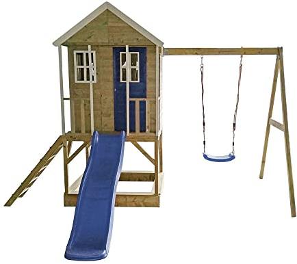 Wendi Toys Holz Stelzenhaus Alpaka | mit Rutsche, Schaukel und Sandkasten | Natur | 290x350x242 cm
