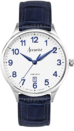 Accurist Mens Classic 37mm Quartz Watch in White with Analogue Display, and Blue Leather Strap 73000 | 50 Metres Water Resistance, date display, Japanese quartz movement